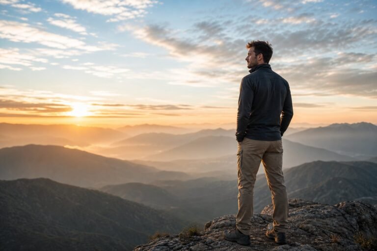 A calm man stands on a mountain overlook at sunrise, looking toward the distant peaks.